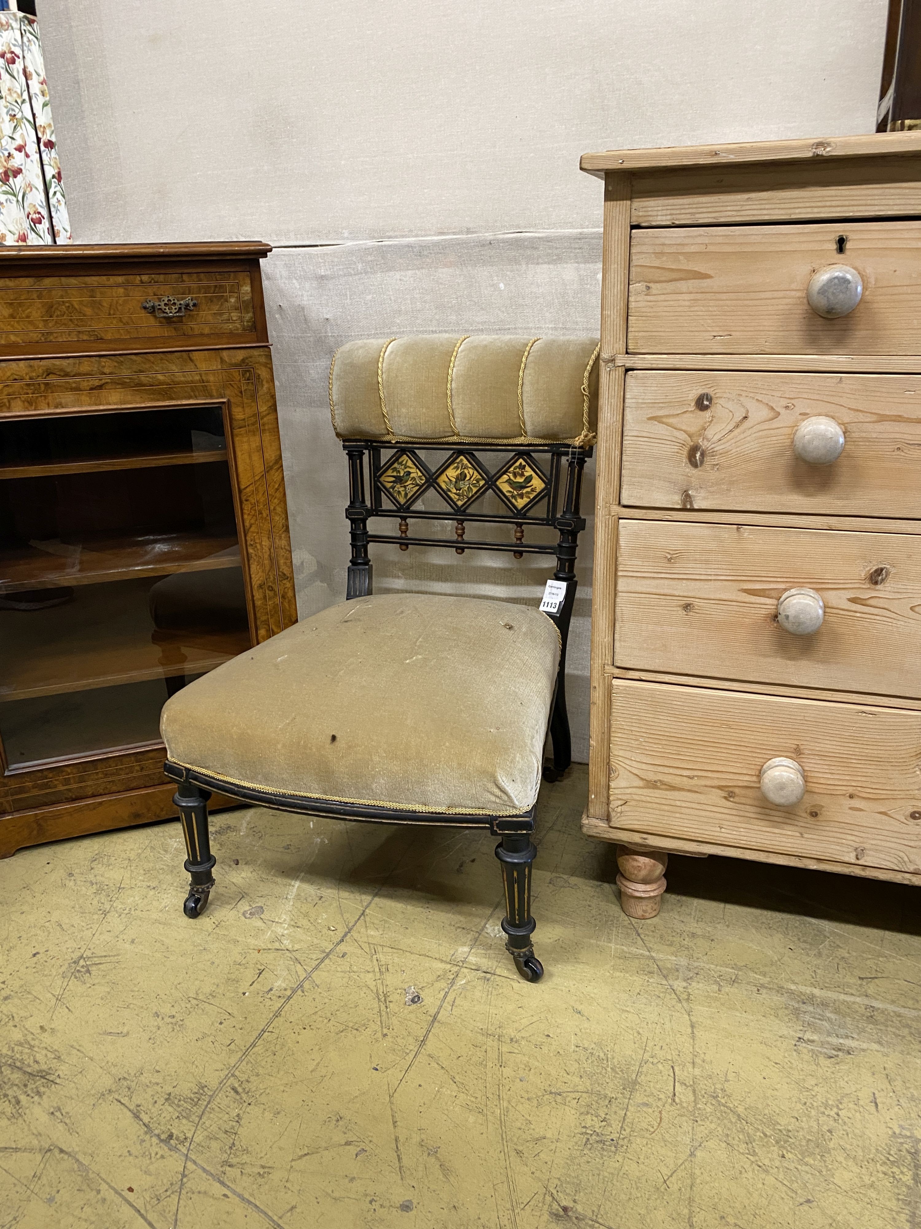 A late Victorian Aesthetic Movement painted ebonised salon chair decorated with song birds, width 50cm, depth 50cm, height 76cm